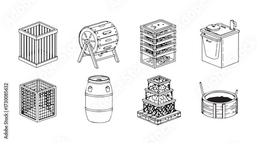 Collection of industrial storage tanks and containers hand drawn sketch style objects vector