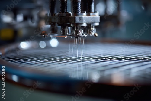 Automated Precision Manufacturing - Robotic Arm Dispensing Fluid onto Metallic Grid.