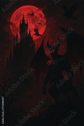 A beautiful woman in black fashion acts as a vampire model on Halloween night with bats flying in the dark