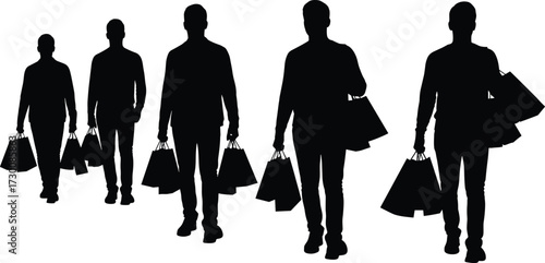 Group of men shopping silhouette, carrying bags, retail consumer, fashion buyers, customer lifestyle, sale shopping, mall commerce, urban spending, walking purchase
