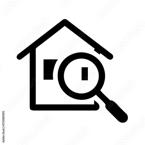 Real estate search magnifying glass over house icon for property inspection and home buying services