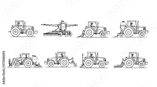 Collection of farming tractors and agricultural machinery line art set vector