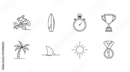 Set of 8 hand-drawn sketch icons representing summer sports and beach activities vector