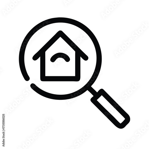 Magnifying glass over house icon symbolizing property search real estate investment and home buying