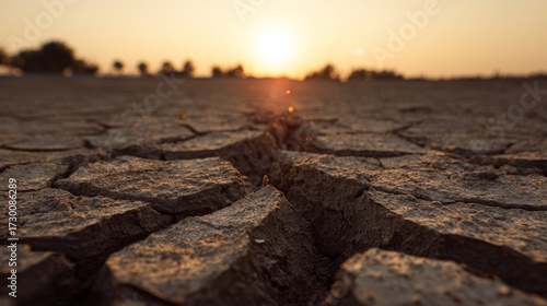 Cracked, parched earth stretches to meet the horizon beneath a hazy golden sunset