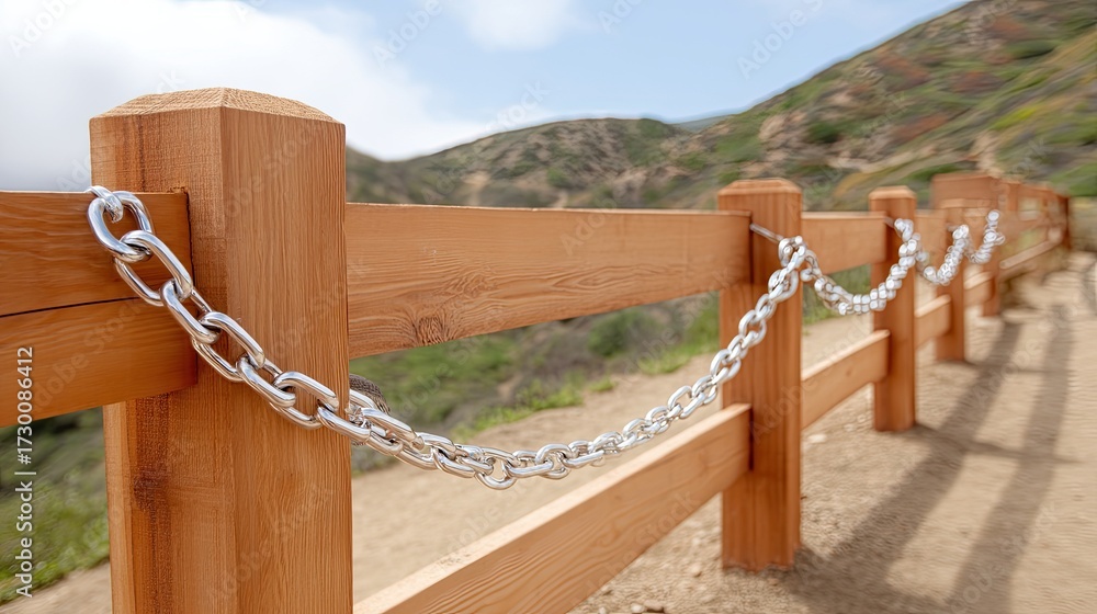 Obraz premium Wooden Fence with Silver Chain Link Along Scenic Pathway in Nature Surrounded by Green Hills and Blue Sky