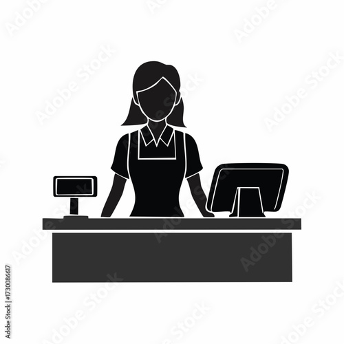 Cashier at Checkout Counter Minimalist Silhouette Illustration of a Retail Worker in a Shop