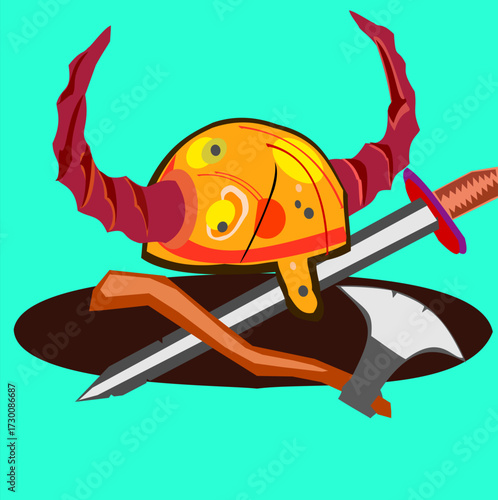 vector illustration of iron helmet, a sword, and an axe, which recognice belong to Viking's Tribe.