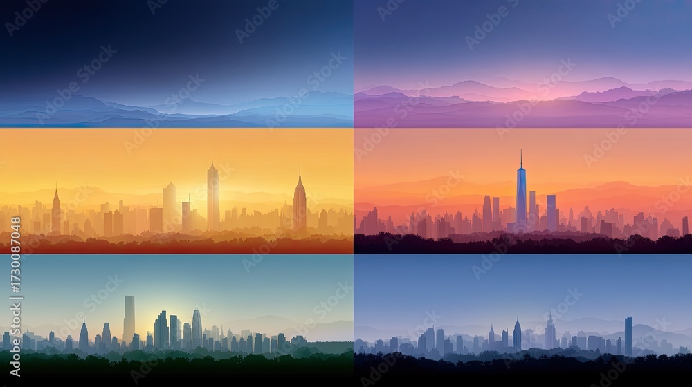 Naklejka premium Vibrant Cityscape Silhouette at Dusk with Colorful Sky Over City Skyline and Mountains in Background