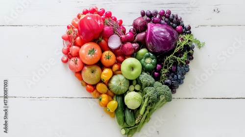 rainbow. Colorful heart-shaped arrangement of fresh fruits and vegetables, symbolizing health and vibrancy. menu design.
