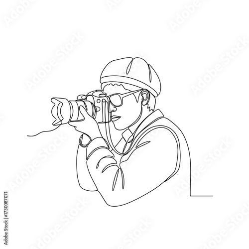 Photographer outline drawing with camera on white background