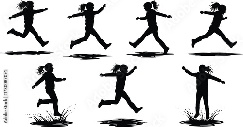 Silhouette of young girl jumping, running, and playing in water puddles, isolated background, childhood fun, active lifestyle, outdoor activity
