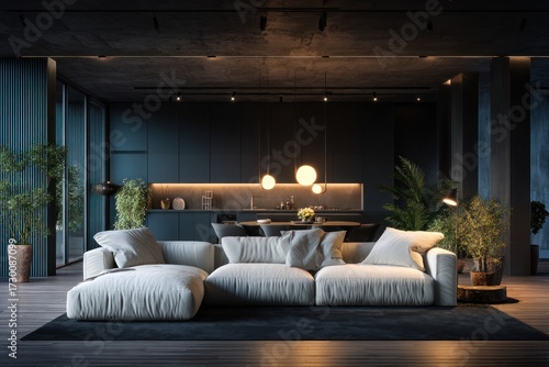 A modern, dimly lit living area boasts a sectional sofa, dark cabinets, and natural elements, creating a sophisticated and tranquil atmosphere.