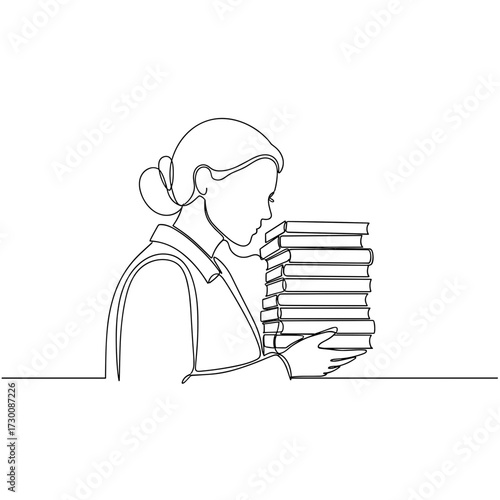 Student outline drawing holding stack of books on white background