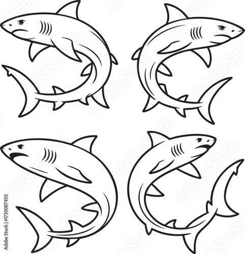 Set of Shark Outline vector illustration isolated On Transparent Background