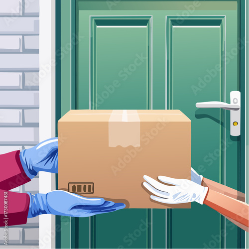 A courier wearing blue gloves safely delivers a cardboard package to a customer in white gloves at their front door.