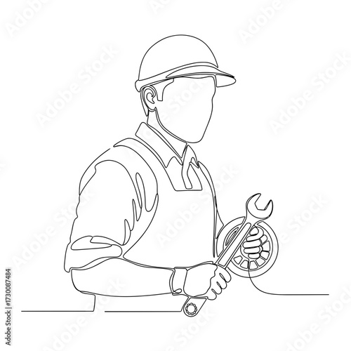 Contour drawing of a mechanic with a wrench on a white background