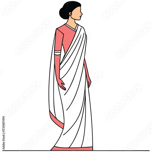 Elegant illustration of a woman wearing a traditional white and pink sari with her hair styled in a bun standing gracefully
