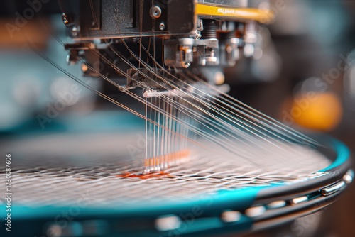 Automated Tennis Racket Stringing - Precision Machine Weaving Strings with Sharp Focus.