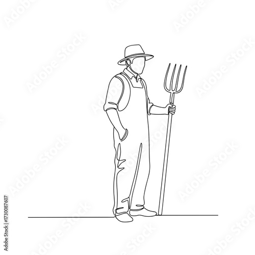 Farmer outline drawing holding pitchfork on white background