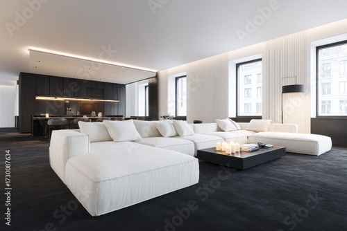 Modern, minimalist living room showcases a large, sectional sofa in pristine white, contrasted with dark, sleek cabinetry and flooring, illuminating a sophisticated and elegant ambiance.