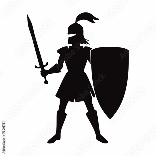 Dynamic silhouette of a medieval knight or warrior in armor, poised with a drawn sword and a sturdy shield, symbolizing courage, protection, and readiness