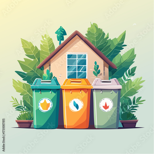 Three colorful recycling bins for waste separation in front of a house surrounded by green plants, promoting environmental sustainability.