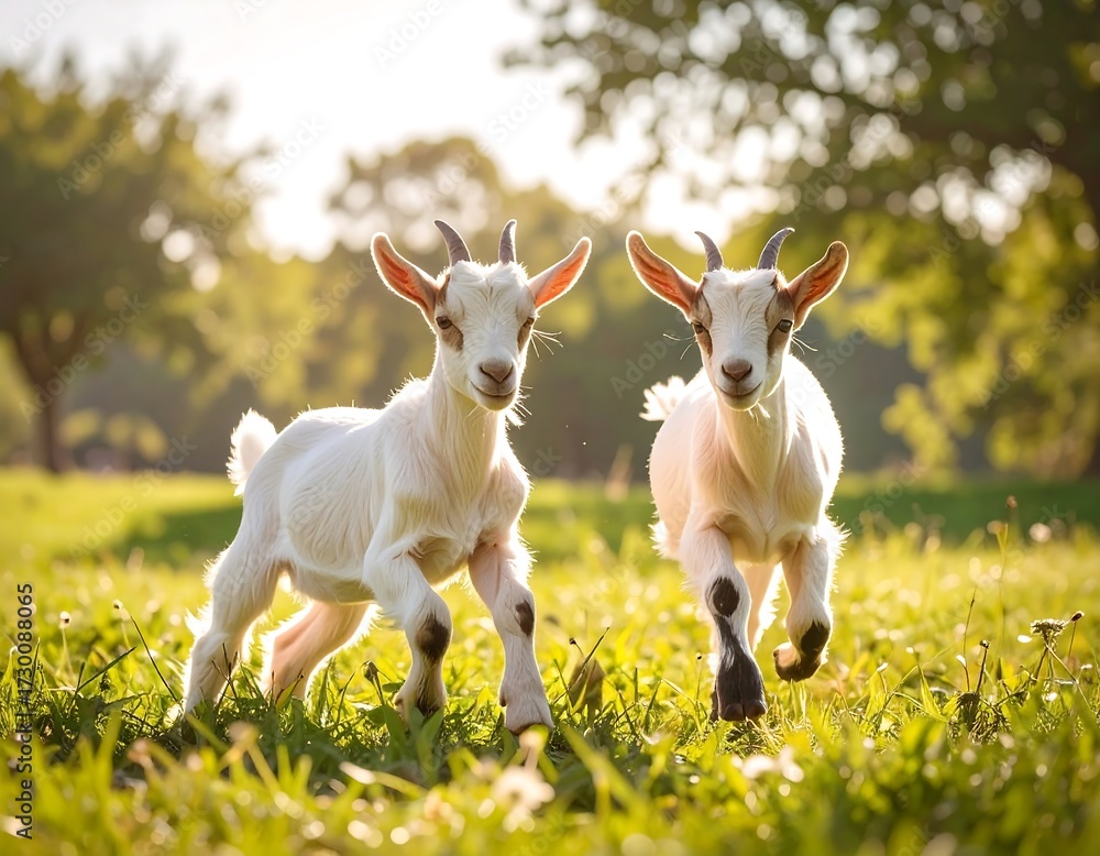 Obraz premium Two young goats frolic in a sunlit meadow