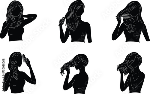 Silhouette woman brushing hair, female hair care routine, beauty self grooming illustration, hair styling poses, combing hairstyle maintenance, elegant feminine design