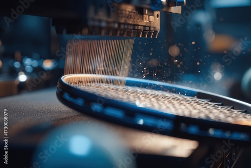 Automated Tennis Racket Stringing - Precision Machine Weaving Strings, Close-Up Detail.