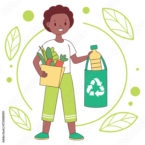 Young person holding a reusable shopping bag filled with fresh produce and a recycling bin with plastic bottles demonstrating sustainable living and environmental responsibility