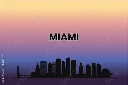 02 Miami skyline silhouette against a pastel sunset gradient. Vector illustration.