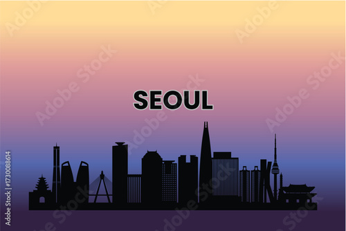 05 Seoul skyline silhouette against a pastel sunset gradient. Vector illustration.