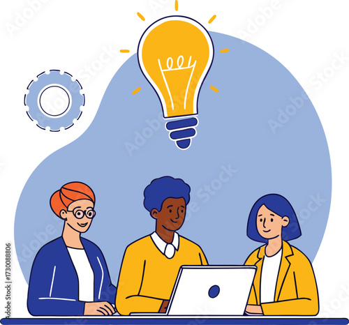 Diverse team of professionals collaborating and brainstorming new ideas with a bright lightbulb symbolizing innovation and creativity in a modern office setting