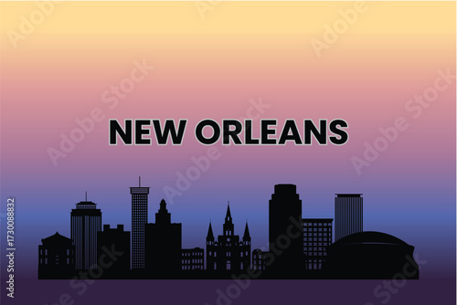 10 New Orleans skyline silhouette against a pastel sunset gradient. Vector illustration.