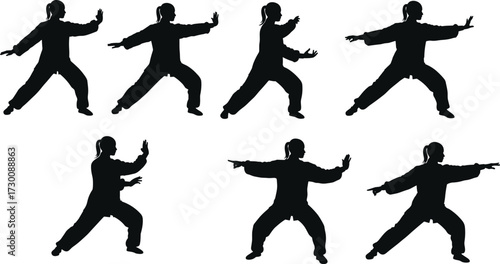 Martial arts silhouette woman practicing tai chi poses, fitness exercise training, traditional kung fu movement, health meditation balance vector illustration design