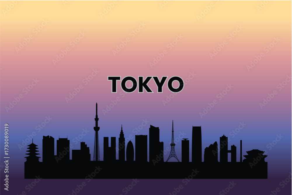 Fototapeta premium 12 Tokyo skyline silhouette against a pastel sunset gradient. Vector illustration.