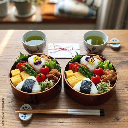 Delicious Japanese Lunch Box with Rice, Tamagoyaki, and Fried Chicken.