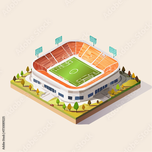 Isometric vector illustration of a modern sports stadium with a green field, orange and red stands, and surrounding park area.