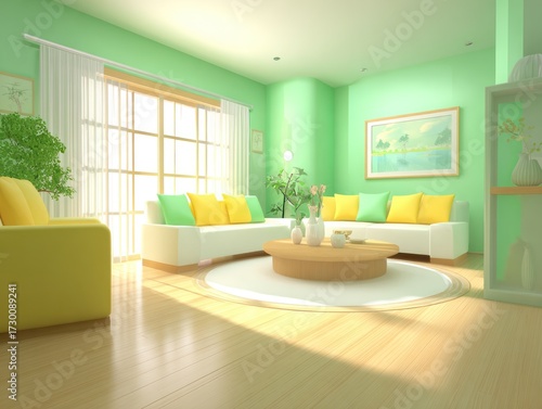 A bright, airy living room scene filled with soft mint green walls, a white sectional sofa, and pops of sunshine yellow and teal accents.