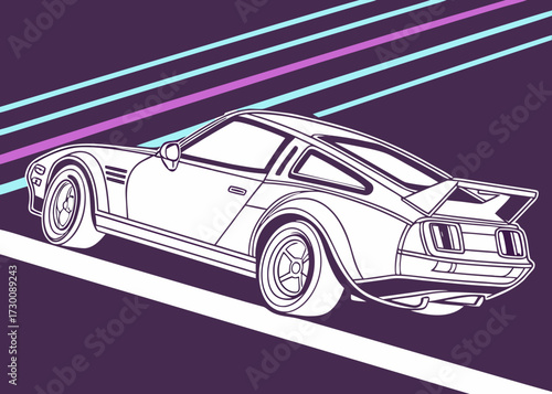 Stylized classic automobile from a rear three-quarter perspective featuring sweeping fenders, sloping glass, twin circular rear lights and sculpted body lines framed by blue-purple diagonal patterning