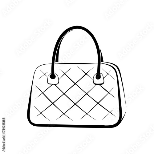 Sketch illustration shows a handbag with handles and a quilted pattern