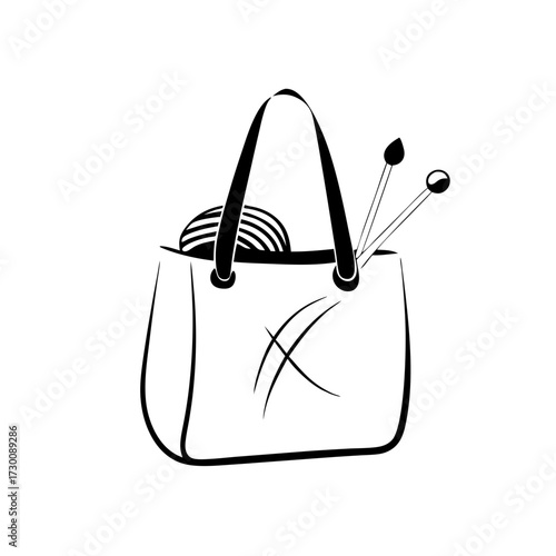Ball of yarn and needles inside a knitting bag illustration