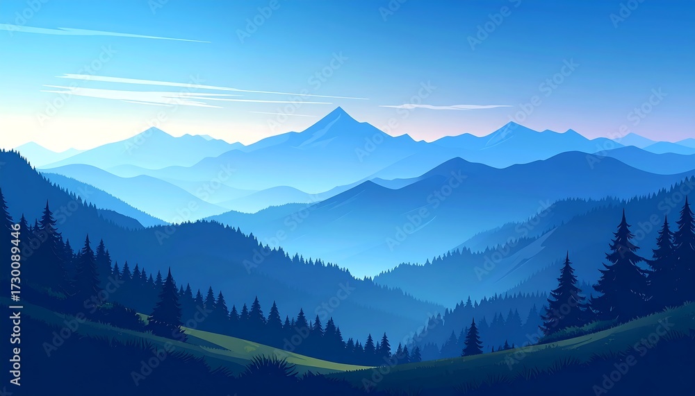 Obraz premium Serene vista of layered blue mountains under a pale blue sky, with a foreground of dark green hills and evergreen trees