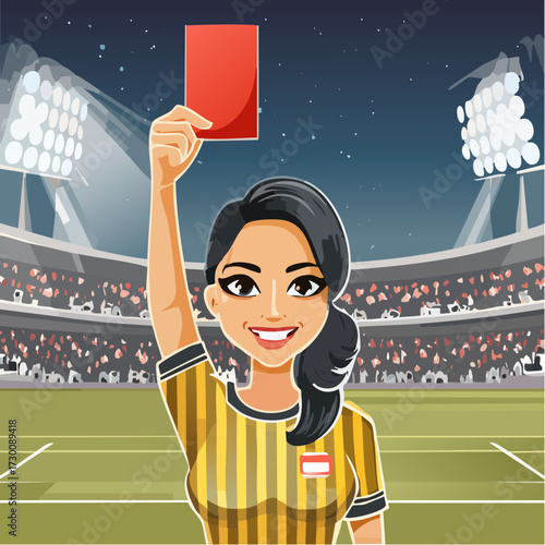 A smiling female soccer referee in a striped jersey holds up a red card in a packed stadium with bright lights.