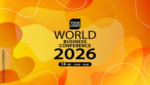 A vibrant banner template for a world business conference or creative summit. The modern design features a warm orange and yellow background with abstract fluid shapes, ideal for a website header.