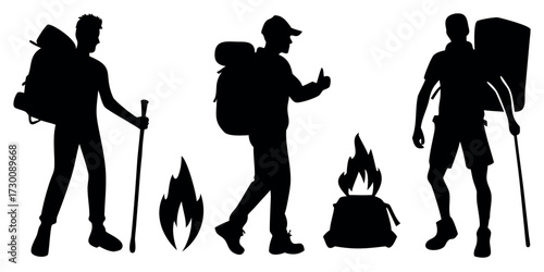 Vector Silhouette Set of Camping Concepts Tent Campfire and Backpacker with Hiking Bag