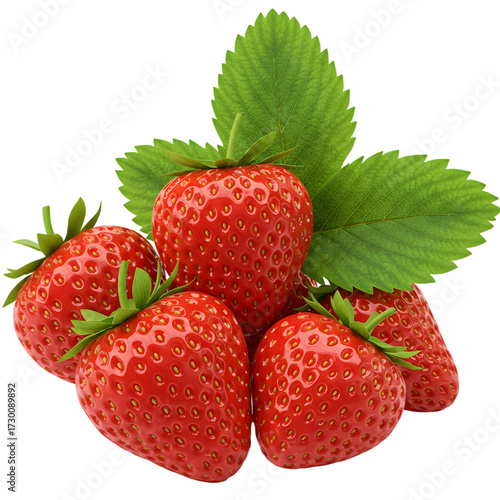 Fresh Ripe Red Strawberries with Green Leaves on Transparent Background