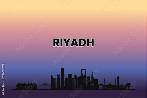 25 Riyadh skyline silhouette against a pastel sunset gradient. Vector illustration.