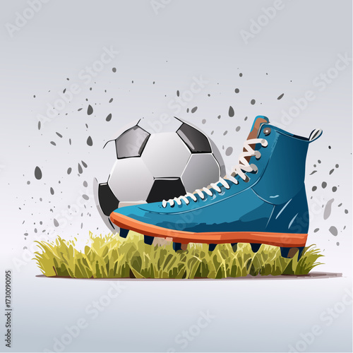 An illustration of a blue soccer cleat and a classic football on a patch of green grass.
